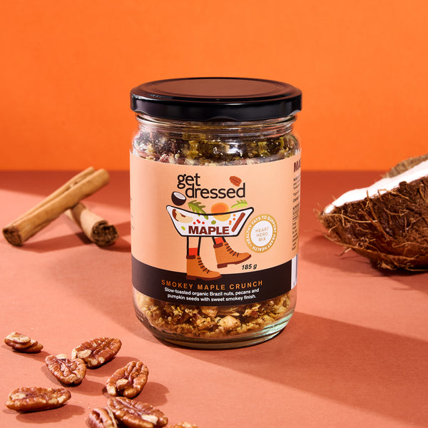 Smokey Maple Crunch organic nut and seed topper — pecans,
maple, smoked paprika, made in Australia