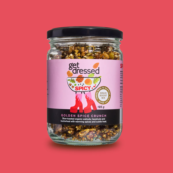 Golden Spice Crunch ingredients — walnuts, turmeric,
chilli, no additives