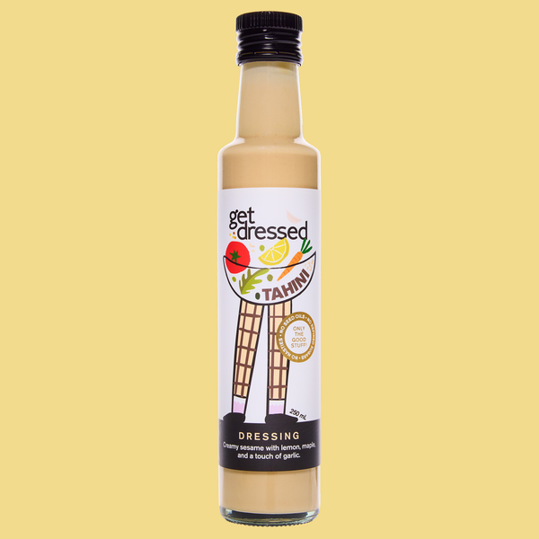 Tahini Dressing label, silky sesame dressing, gluten free, no seed oils