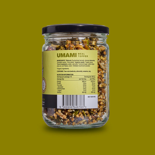 Tamari Umami Crunch label — organic, gut-friendly, no
additives, made in Australia